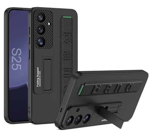 Image of BOUNCEBACK Slim Polycarbonate Back Case /Cover with Stand & Strap for Samsung Galaxy S25 Plus 5g - (Black | Faux Leather)
