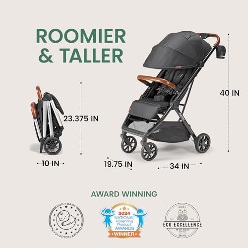 Image of Bombi Bēbee V2 Lightweight Baby Stroller - Premium Vegan Leather, One-Hand Fold, Infinite Recline, Aircraft-Grade Aluminum Frame, XXL Canopy, and Ample Storage Umbrella Stroller - Hickory