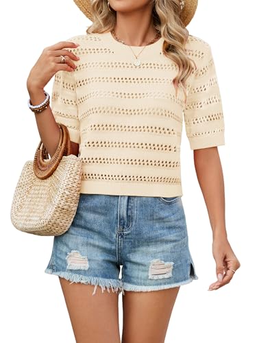 Bellcoco Crochet Tops for Women Spring Summer Short Sleeve Pullover Sweaters Crop Top Vacation Outfits Beach Cover Ups Cute Hollow Out Fashion Clothes Apricot Large