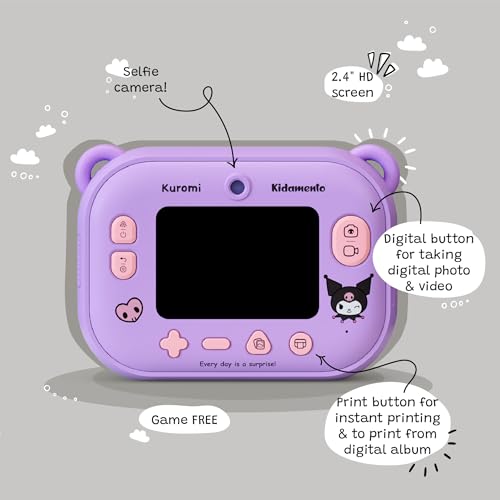 Image of kiimento Sanrio Licensed Instant Print Digital Camera, Best Travel Buddy Kuromi, 2.4 inch HD Screen, Ink-Free B&W Printing, Selfie Lens, 1080p Video, 32GB Memory Card (Model P)