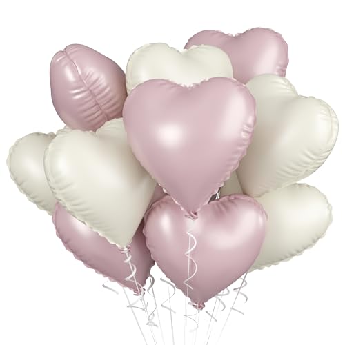 Image of Baby Pink Heart Balloons: 10PCS 18inch Pastel Pink Beige Foil Heart Balloons for Girls Birthday Baby Shower Valentines Decorations