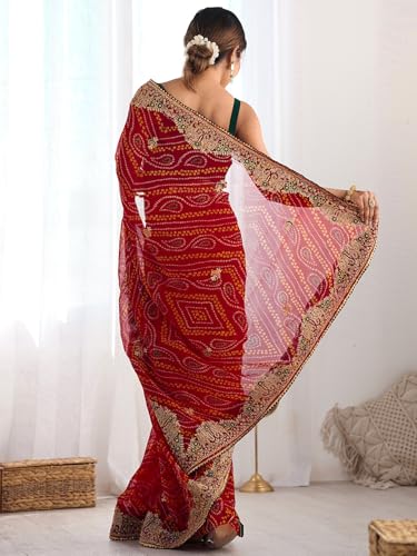 Image of Satrani Women's Georgette Bandhani Printed Embroidered gota lace Saree with Unstitched Blouse Piece