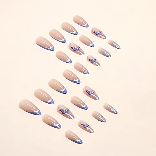 Lpooddnu Almond Press On Nails With Blue Butterfly Designs Medium Fake Nails Glossy French Tip Press On Nails Glitter Acrylic Nails Cute Butterfly False Nails For Women Diy Manicure Decorations 24Pcs #TOP2