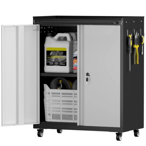 FATIGOS 32''H Metal Garage Storage Cabinet with Wheels, Tool Storage Cabinets with Lock, Lockable Steel Rolling Tool Chest with Doors & Adjustable Shelves for Garage, Home, Office