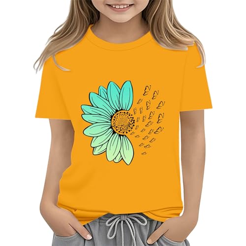 Girls Loose Fit Sunflower Graphic T Shirts Short Sleeve Crewneck Cute Pattern Printed Tops Kids (I-Yellow, 3-4 Years)