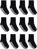 ZAPLES Baby Non Slip Grip Crew Socks with Anti Skid Soles for Infants Toddlers Kids Boys Girls, Black, 12-36 Months