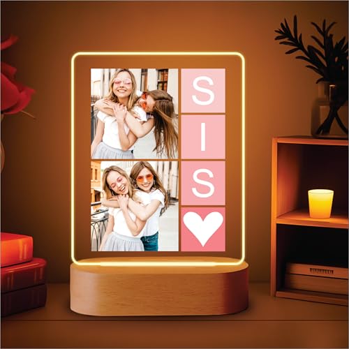 Image of Giftplease Personalised Sister Photo Frame - Custom Acrylic Memory Collage with Wooden Base, Special Raksha Bandhan Gift for Sister, Unique Personalized Keepsake for Rakhi Celebration, Sibling Decor