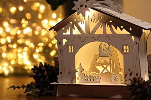 KONTARBOOR Crèche de Noël en Bois travaillé au Laser avec Lumières LED, Scène Nativité - h=17cm l=18cm