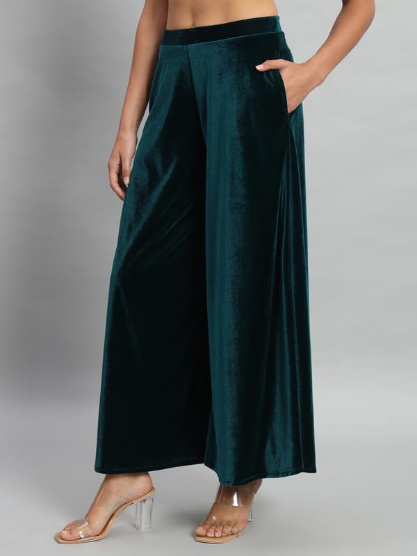 Image of Vaararo Party Trousers for Women | Shiny Velvet Fabric Wide Bottoms Stylish Palazzo Pants