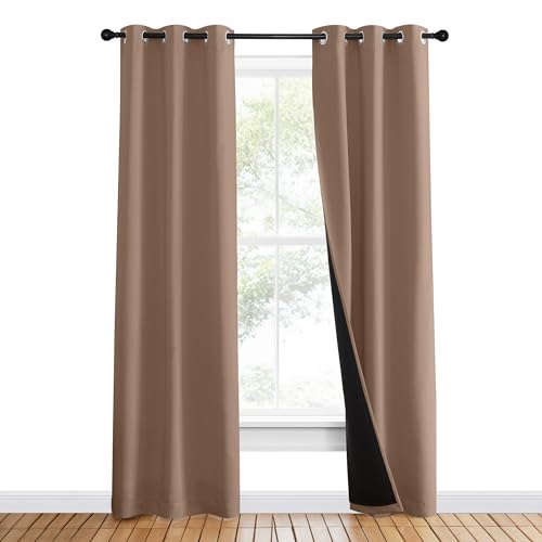 Image of NICETOWN 100% Blackout Curtains Thermal, Noise Reduction and Privacy Curtains for Patio Door, Black Lined Blackout Drapes with Grommet Top, Cappuccino, 1 Pair, W37 x L80