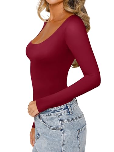 REORIA Womens Fall Outfits Basic Scoop Neck Long Sleeve Leotards Fashion Sexy Double Lined Layering Slim Body Suit Tops Plus Size Emboldened X-Large — view 3