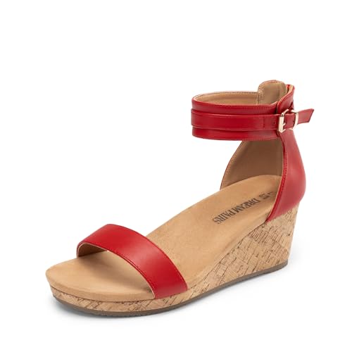 DREAM PAIRS Women's Open Toe Buckle Ankle Strap Platform Wedge Sandals Summer Shoes. 5.5 Red