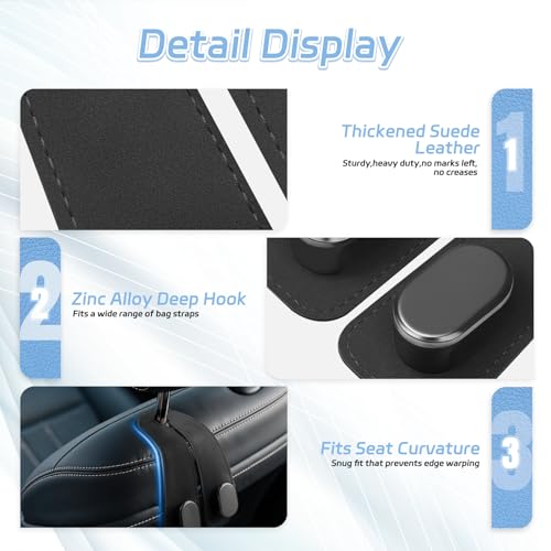 Fitnice Car Seat Headrest Hooks - 2 Pack Universal Car Purse Hook, Leather Car Bag Purse Holder with Double Metal Hooks for Handbags, Grocery Bags, Bottles, Phones