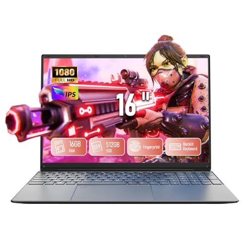 Ordinateur Portable 16 », 16Go RAM 512Go SSD 5000mAh Grande Battrie Écran 180° Flip, PC Portable Processeur N95, Laptop Touch ID Clavier numérique USB3.0 HDMI Type C Étudiant Travail