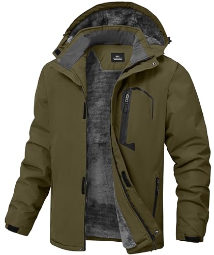 Image of Mens Winter Jackets Waterproof Warm Fleece Ski Jacket with Hood Thermal Windproof Coat Zip Pockets