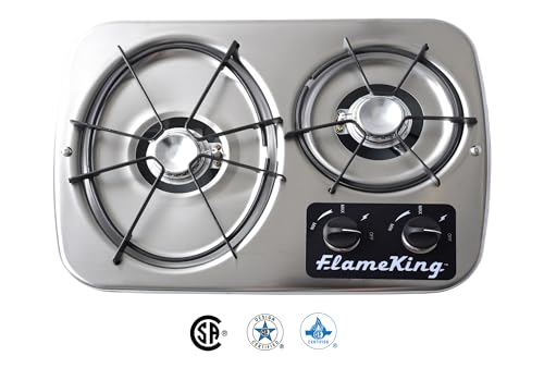 Flame King YSNHT600 2-Burner Built-in RV Cooktop Propane Stove, 7200 and 5200 BTU Burners, Self-Igniting, Cover Included, Silver, 18.5' x 13' x 4.5'