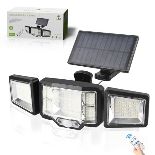 MULIN faretto led da esterno solare,faro led esterno con pannello solare,[300LM/3 Modes/Sensore di Movimento/Fino a 10 ore] IP65 con Telecomando e paletto appositamente progettato e estensore