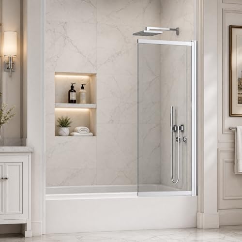 Image of 40 inch W x 59 inch H Pivot Tub Shower Door, 3 /16 inch(5mm) Glass, Polished Chrome