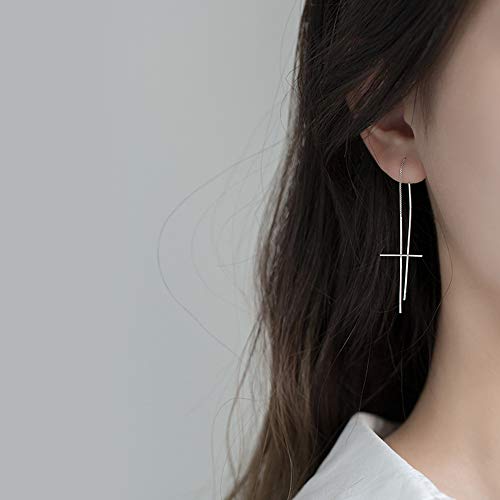 Minimalist Cross Tassel Threader Dangle Drop Earrings S925 Sterling Silver Fashion Long Chain Ear Line Dangling Faith Hope Huggie Hoop Earring Cute Jewelry Gifts for Women Girls3
