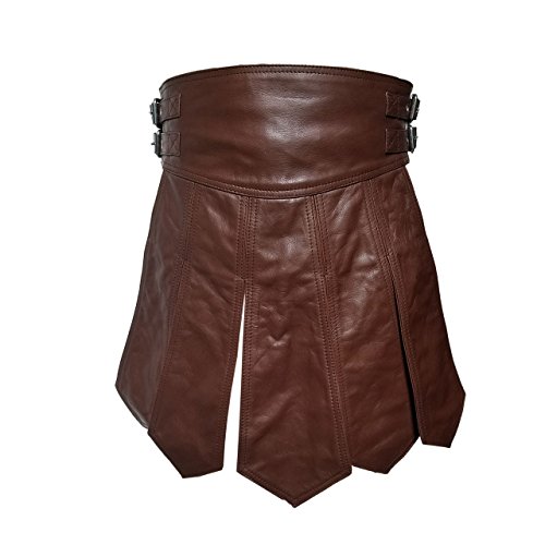 Men's Real Brown Leather Gladiator Kilt – Roman Style, Fully Lined, Adjustable, LARP, Utility Kilt (K1) (Brown, Waist 36