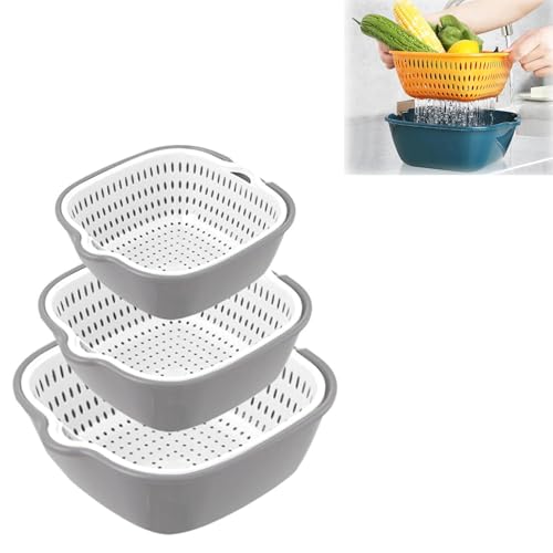 Juego de 6 coladores de cocina multifunción, 2 en 1, colador de plástico, colador de pasta, cesta de drenaje de doble capa, para frutas, verduras, arroz, color gris y blanco