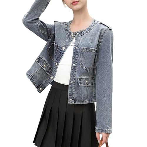 Genérico 2026 Chaqueta Entretiempo Mujer Chaqueta vaquera corta, gabardina abrigo de para otoño e invierno, estilo casual. (Blue, S)