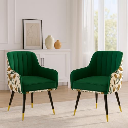 Image of Velvet Chair with Floral Pillow for Home | Modern Accent Armchair in Soft Velvet Fabric with Golden Legs | Set of 2 Premium Accent Chair for Living Room Bedroom (Green Floral)
