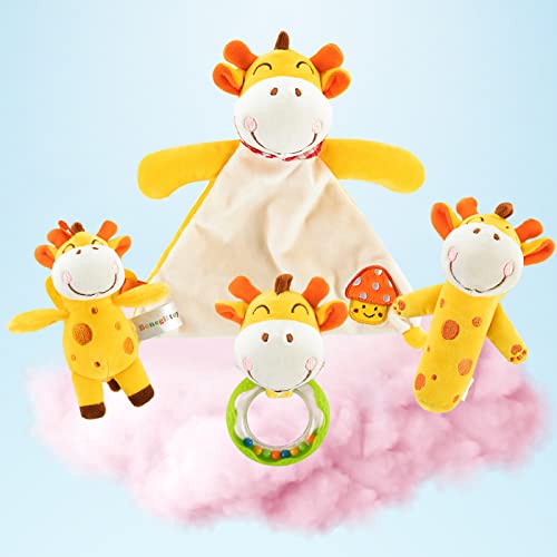 Happy Easter 4 PCS Soft Baby Rattle for Newborns, Easter Party Game Favors for Kids, Easter Basket Stuffers Fillers Easter Egg Hunt , Easter Shaker & Teether Toys for Kids Easter Decor Candy, Giraffe