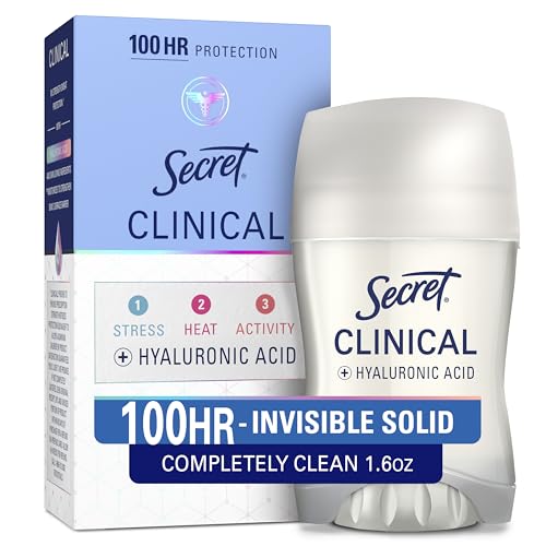 Secret Clinical Strength 100HR Sweat & Odor, Invisible Solid Antiperspirant Deodorant for Women, 3X Stress Protection with Hyaluronic Acid, PH Balancing, Completely Clean Scent, 1.6 oz