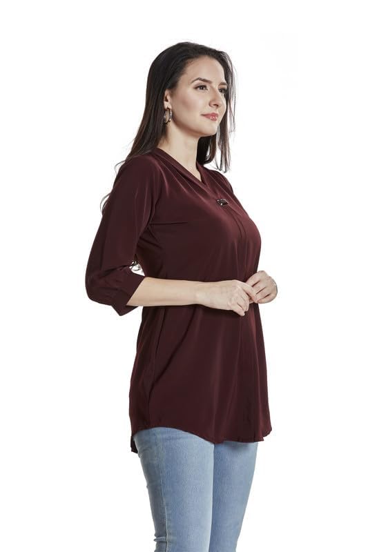 Image of nioni Women's Purple Poly Linen Blend Tunic Top with 3 /4 Sleeves, Printed Yoke, Kantha Stitch Detailing & Mandarin Collar