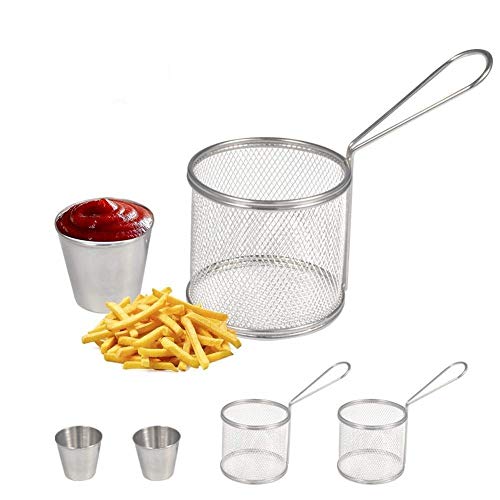 Fry Baskets Mini Round Stainless Steel French Fries Mesh Fryer Basket Holder Cooking Tool with Sauce Cup for Table Serving Food Presentation Kitchen Use2pcs Baskets  2pcs Cups