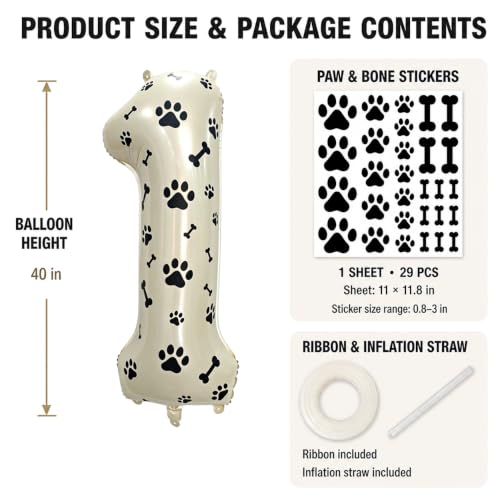 Image of 40 Inch Cream Beige Number 1 Foil Balloon DIY with Dog Paw Bone Stickers