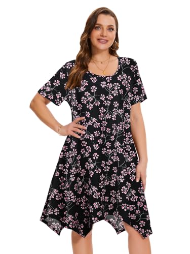 Image of ZENNILO Plus Size Tshirt Dress with Pockets Casual Summer Dresses Crew Neck Short Sleeve Swing Dress for Women