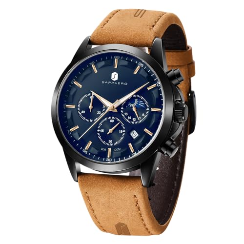 SAPPHERO Men's Watches Stainless Steel Chronograph Waterproof Quartz-Business Casual Dress Watch for Men Luminous Date Gold/Silver/Black Design-Easy-to-Read Luxury Dial-Leather Unique Elegant Gift