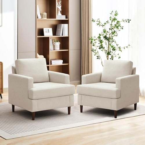 Weture Mid-Century Accent Chair,Modern Linen Fabric Armchair for Living Room,Comfy Upholstered Reading Accent Chairs for Bedroom,Single Sofa Chair with Wood Legs (Beige, 2 Pack)