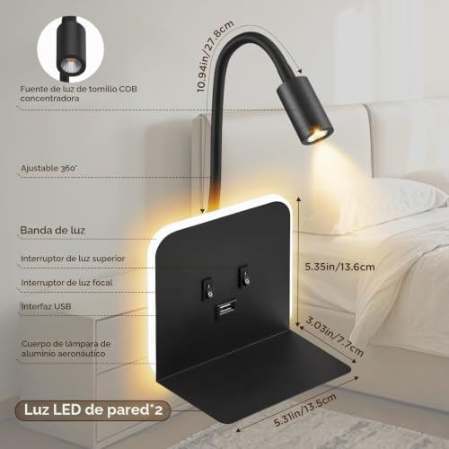 Aplique LED de pared para interior regulable con base y USB 3