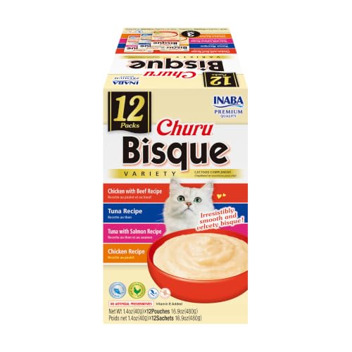 INABA Churu Bisque for Cats Creamy Lickable Pure Side Dish with Vitamin E 1.4 Ounces per Pouch 12 Pouches Tuna & Chicken Variety