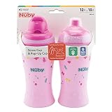 Nuby - Zestaw 2 szczelnych butelek na napoje – 360 ml + butelka na napoje Pop-up dla dzieci – bez BPA – różowe – kubki do picia dla dzieci – różowe – kubki do picia 12+ miesięcy i 18+ miesięcy