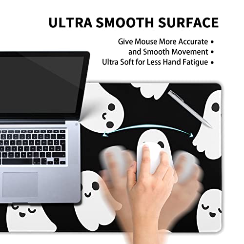Image of Halloween Cute Ghost Mouse Pad Kawaii Cartoon Spooky Funny Spirit Extended Desk Mat Non-Slip Rubber Base Stitched Edge Large XL Black White Mousepad for Desk Gaming Laptop Desktop,31.5x11.8 Inch