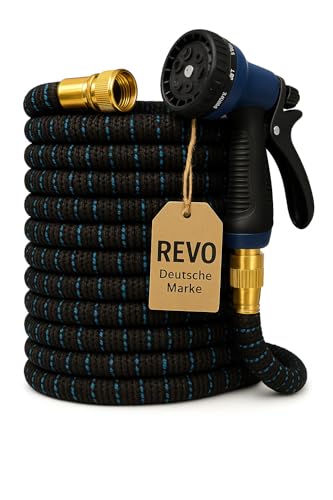 Revo Garten Flexibler Gartenschlauch 15 m – Hochdruckbeständig bis 30 Bar, Knickfrei & Dehnbar, UV‑ & Wetterfest, Leicht & Robust Wasserschlauch (Schwarz/Blau)