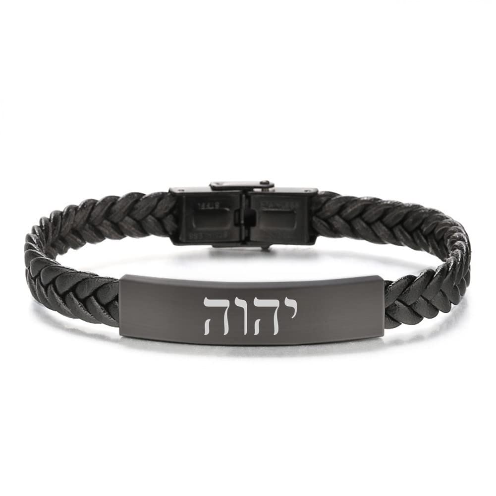 ForeverWillYHVH YHWH Jehovah Bracelet, Black Hebrew Name of God Tetragrammaton Leather Wristband Adonai Israelite Hebrew Jewish Jewelry for Men Women, 8.26''