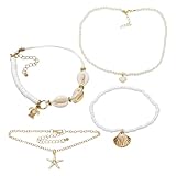 HDGSAFD 3 Stück Perlenmuschel-Fußkettchen, 1 Stück Muschel-Anhänger-Halskette, Strandparty-Knöchel-Kette, Mode-Perlen-Schlüsselbein-Kette, Mode-Mädchen-Schmuck.