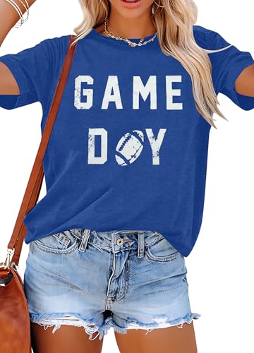 Game Day Football Tshirt Woman Sunday Funday Shirts Vintage Football Shirt Funny Graphic Tee Tops A-Blue