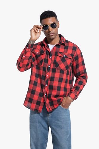 JupiterSecret Mens Flannel Plaid Shirts Long Sleeve Button Down Casual Shirt Regular Fit with Pockets (RedPlaid,L) - Image 2