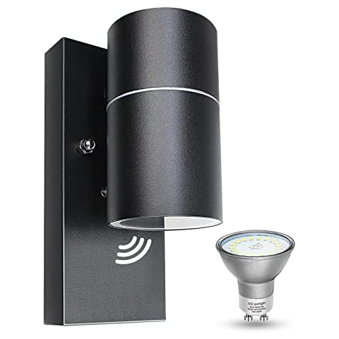 Wondlumi Outdoor Wall Lights Dusk Till Dawn Outside Lights with Sensor Garden Light Mains Powered IP44 Wall Lamp Black, 1 X 5W GU10 LED Bulb Warm White Cover