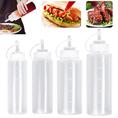 4 Stück Quetschflasche Spritzflaschen Squeeze Flasche Dosierflaschen Plastikflaschen Gewürz Flaschen mit Kappe Auslaufsicher Spender für Ketchup Senf Mayo Soßen Olivenöl Pigment für Malen Backen Cover