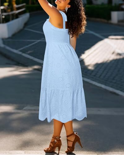 Plus Size Summer Dress 2025 - Sun Boho Casual Beach Spaghetti Strap Eyelet Midi Sundress2