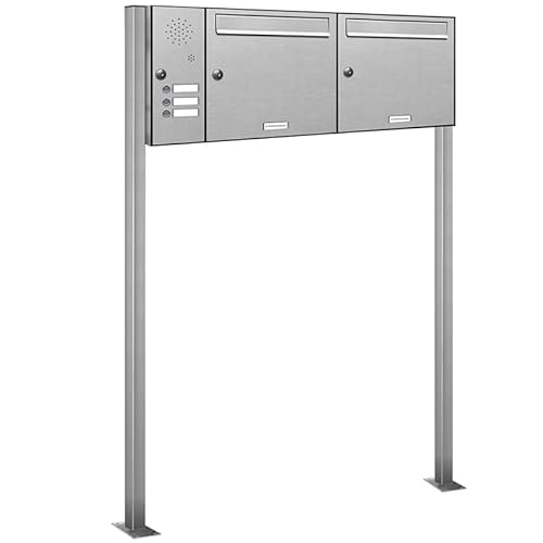 AL Briefkastensysteme 2er V2A Edelstahl Standbriefkasten mit Klingel rostfrei als 2 Fach Briefkastenanlage in Postkasten Doppel-Briefkasten Design modern
