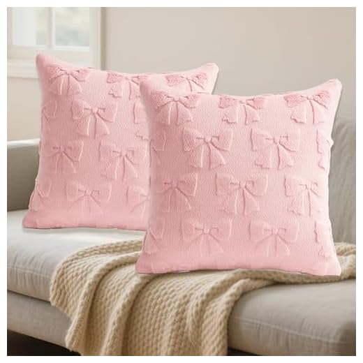 YTLSDHF 2 Pack 45x45 cm Pink Cushion Covers with Bow Design, Soft Plush Bow Pillow Cases for Bed Sofa, Stylish Pink Pillows for Bedroom Living Room Decor, Gift for Teen Girls and Women