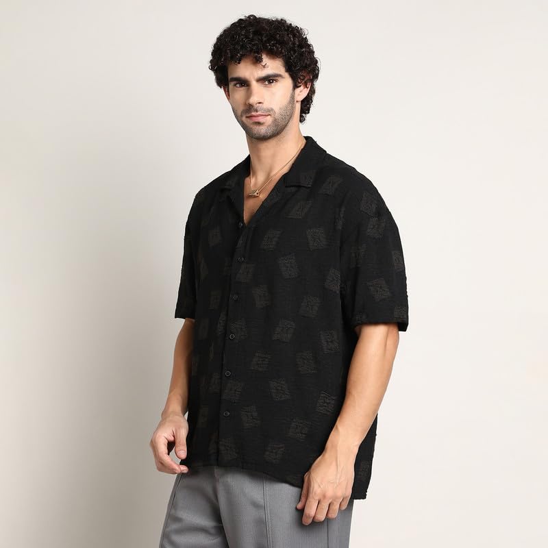 Image of CAHOOT Men's Oversized Shirt for Casual Wear | Cuban Collar | Short Regular Sleeves | Button Closure | Oversized Shirt Crafted with Comfort Fit for Everyday Wear